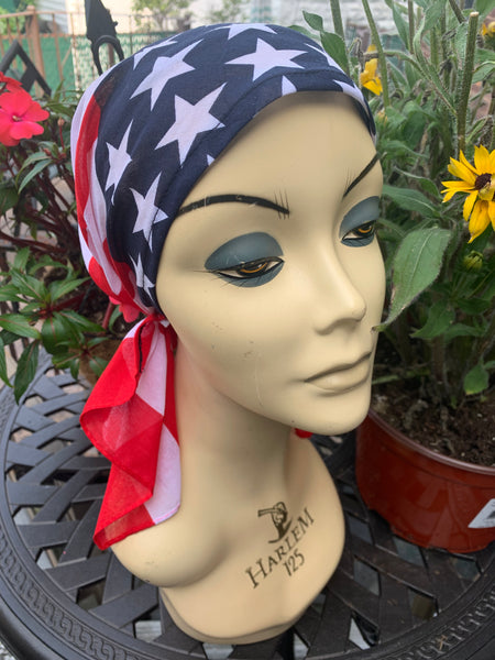 Stars and Stripes Patriotic American Flag Bandana | Pre Tied Fitted Hair Scarf For Men and Women