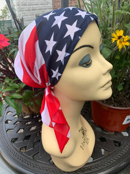 America Stars and Stripes Patriotic American Flag Bandana | Pre Tied Fitted Hair Scarf For Men and Women
