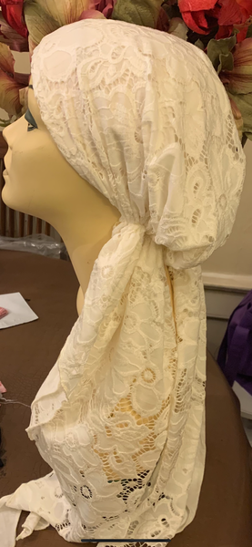 White Ivory Lace Pre Tied Head Scarf | Made in USA by Uptown Girl Headwear