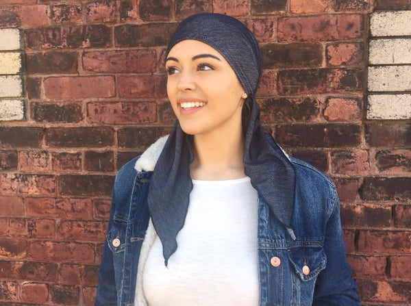 Black Denim Tie Back Hat | Black Soft Comfortable Stretchy Pre-Tied Modern Hair Wrap