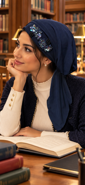 Blue Pre Tied Headscarf With Applique | Hair Wrap With Design | Made in USA