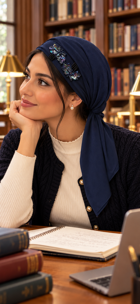 Blue Pre Tied Headscarf With Applique | Hair Wrap With Design | Made in USA