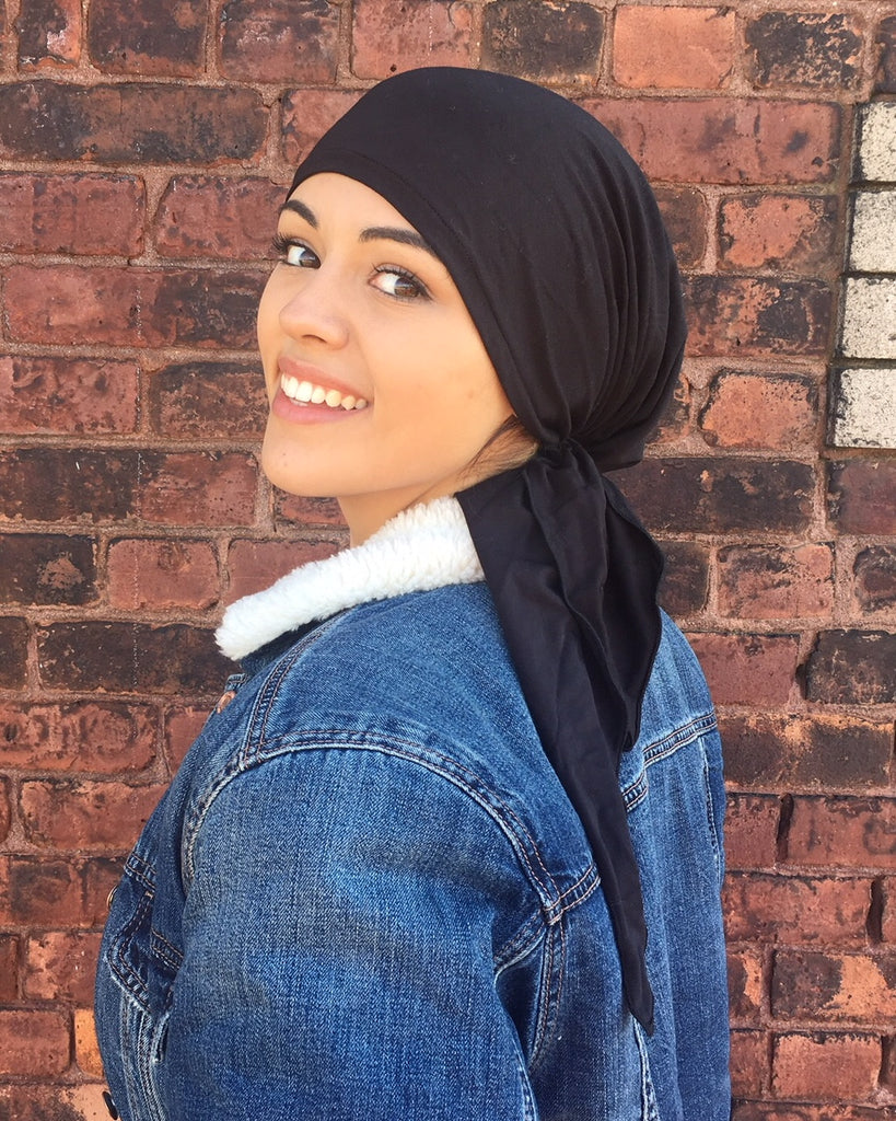 Black Head Scarf Hijab Lightweight Sleek Lycra Spandex Pre-Tied Head Hair Covering With 12 inch Ties