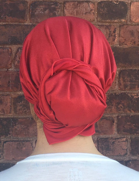 Girlfriend Gift Unique Tie Back Hat To Conceal Hair Red Pre Tied Head Scarf Tichel Hijab Head Wrap Hair Cover For Women. - Uptown Girl Headwear