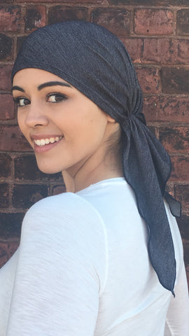 Denim Tie Back Hat Blue Soft Comfortable Stretchy Pre-Tied Modern Hair Wrap - Uptown Girl Headwear