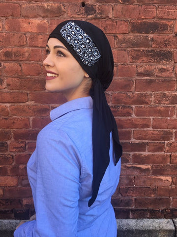 New Slip On Style Black Soft Spandex Pre-Tied Scarf With Silver Embellishment - Uptown Girl Headwear