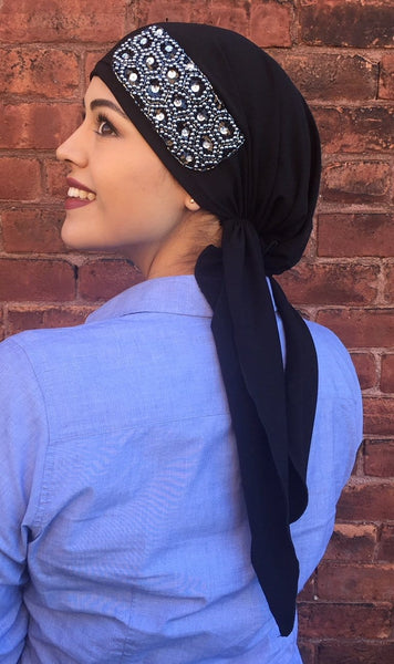 New Slip On Style Black Soft Spandex Pre-Tied Scarf With Silver Embellishment - Uptown Girl Headwear