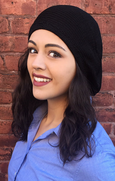 Black Durag Crochet Tichel Hat Tam Modern Sexy Slouchy Beret Hijab For Women With Long or Short Hair. With Lining. - Uptown Girl Headwear