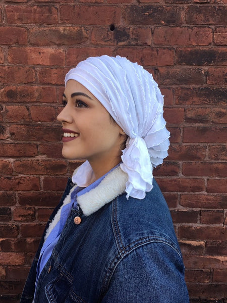 Scrub Cap To Conceal Hair Lightweight Hair Net Ruffle Pre-Tied Head Wrap Scarf To Chill Relax Rest and Wind Down. Made in USA - Uptown Girl Headwear