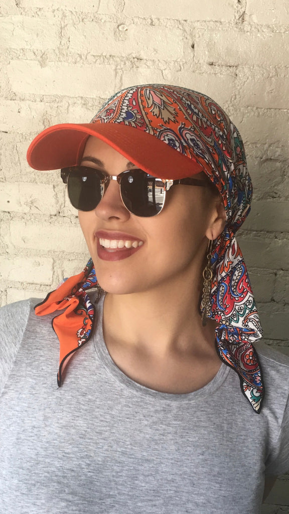 Baseball Cap Hat Sun Visor Beautiful Hijab Head Scarf Orange Bright Colorful Comfy Hair Wrap For Women