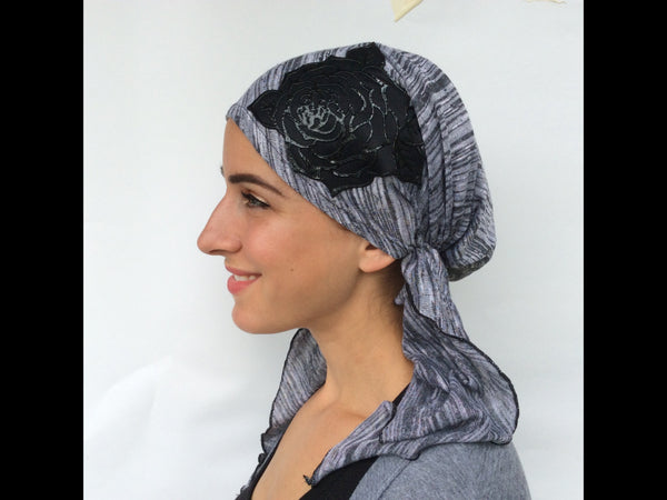 Lightweight Comfortable Pre-Tied Head Scarf With Black Leather Look Flower For Jewish Muslim Christian African Women - Uptown Girl Headwear