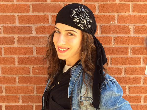 Black Tie Back Hat Lycra Dressy Pre-Tied Scarf - Uptown Girl Headwear