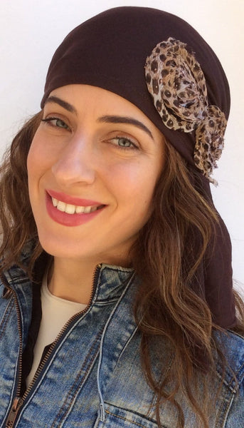 Hat To Conceal Hair Brown Knit Floral Embellished Pre-Tied Head Scarf - Uptown Girl Headwear