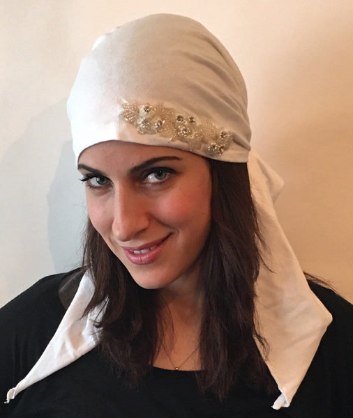 White Cotton Pre-Tied Head Scarf With Diamond Pearl Applique - Uptown Girl Headwear