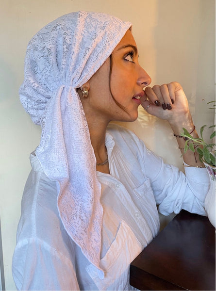 Pretty White Lace Tichel Head Scarf For Sabbath & Holidays Pre Tied Hair Wrap. Made in USA
