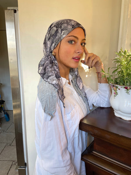 Weekend Essential Grey Lace Head Scarf For Jewish Muslim and Christian Women | Tichel For Wedding | Proudly Made in the USA by Uptown Girl Headwear