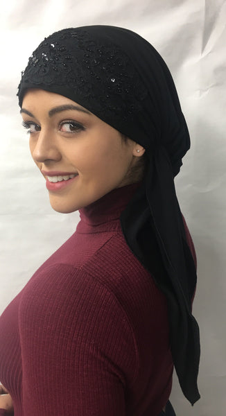 Stunning Black Lycra Pre Tied Scarf With Lace - Uptown Girl Headwear