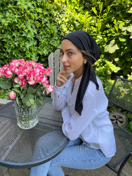Black Cotton Tichel Pre Tied Bandana Hijab Hair Scarf. Made in USA by Uptown Girl Headweae