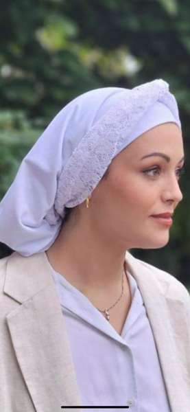 Tie Back White Classic Hair Snood Turban. Lycra & Lace. Made in USA