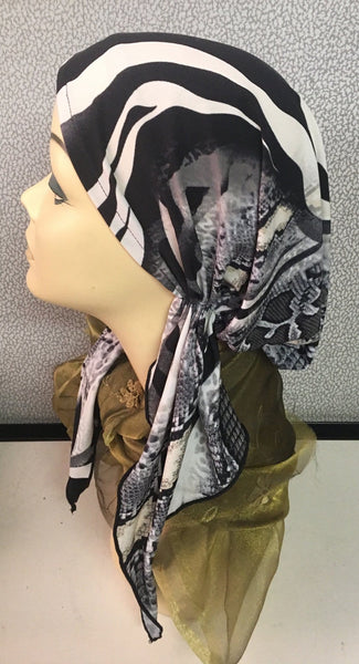 Head Scarf To Cover & Conceal Your Hair. Animal Print Black & Grey Pre-Tied - Uptown Girl Headwear