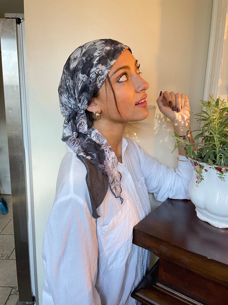Weekend Essential Grey Lace Head Scarf For Jewish Muslim and Christian Women | Tichel For Wedding | Proudly Made in the USA by Uptown Girl Headwear