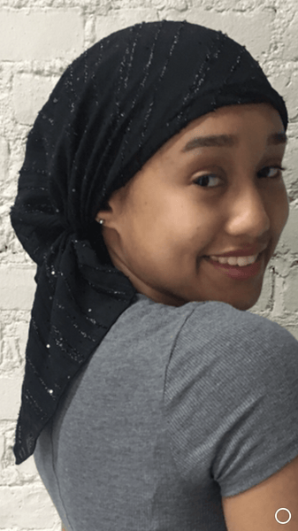 Stunning Dressy Black Sparkling Tichel Hair Wrap Hijab Headcovering - Uptown Girl Headwear