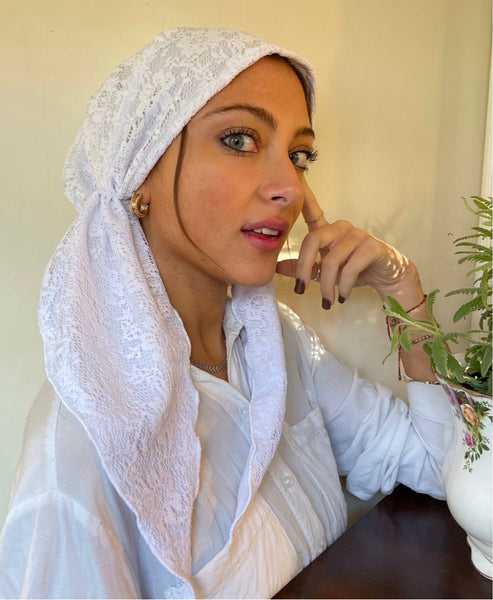 Pretty White Lace Tichel Head Scarf For Sabbath & Holidays Pre Tied Hair Wrap. Made in USA