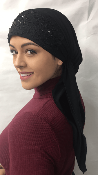 Stunning Black Lycra Pre Tied Scarf With Lace - Uptown Girl Headwear