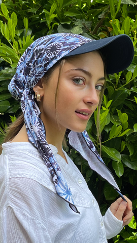 Blue tie dye hair scarf with navy sun visor attached
