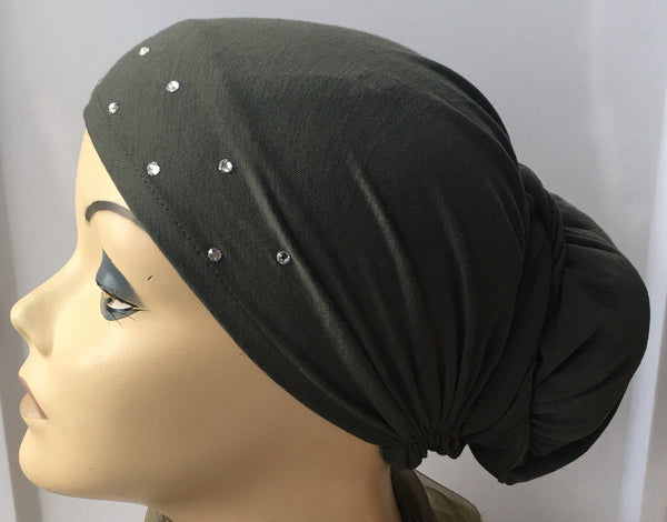 New Easy Slip On Style Premium Green Pre-Tied Headscarf Hijab Tichel With Swarovski Crystal Design - Uptown Girl Headwear