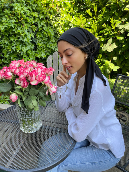 Black Cotton Tichel Pre Tied Bandana Hijab Hair Scarf. Made in USA by Uptown Girl Headwear
