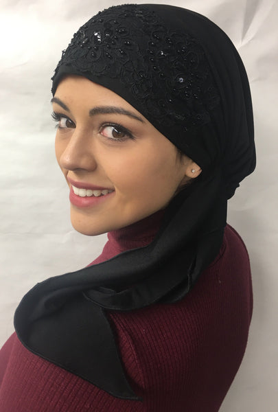 Stunning Black Lycra Pre Tied Scarf With Lace - Uptown Girl Headwear