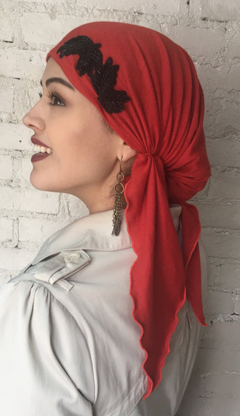 New Slip On Style Pre Tied Head Scarf Hair Wrap Red Orange - Uptown Girl Headwear