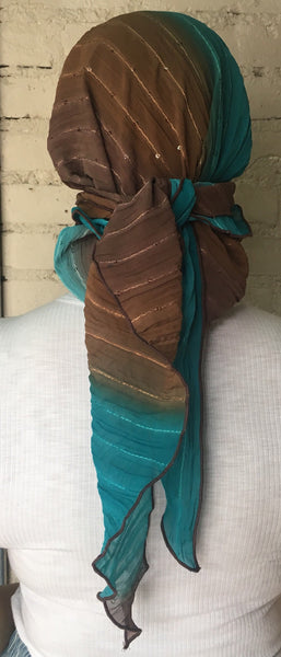 Brown Turquoise Easy Slip On Style Sequined Pre Tied Stunning Head Scarf Hijab Head Wrap For Women - Uptown Girl Headwear