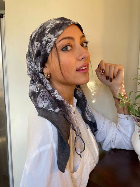 Weekend Essential Grey Lace Head Scarf For Jewish Muslim and Christian Women | Tichel For Wedding | Proudly Made in the USA by Uptown Girl Headwear