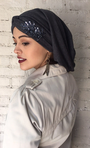 Uptown Girl Headwear Classic Top Knot Snood Turban Hijab With Stunning Applique - Uptown Girl Headwear