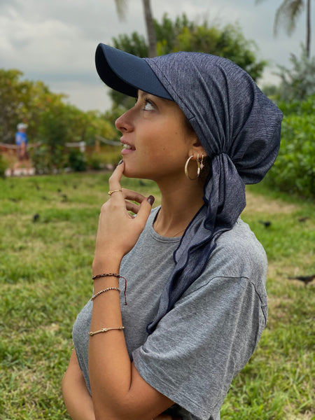Sun Hat | Blue Denim Visor Scarf | Headscarf For Women | Hijab For Sale | Proudly Made in USA by Uptown Girl Headwear
