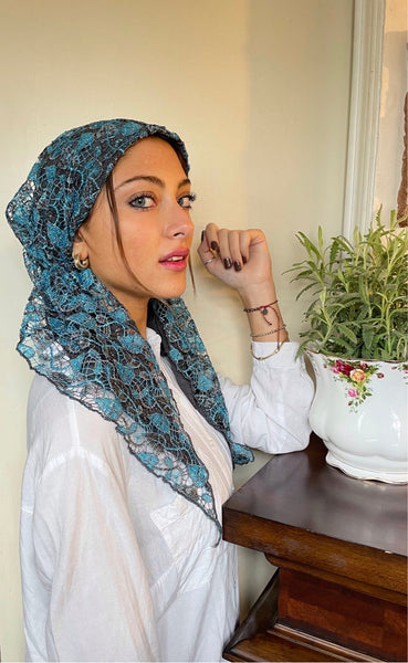 Headwear Silver Blue Lace Wrap Around Pre Tied Tichel Hijab Headcovering With Lining. Made in USA by Uptown Girl Headwear