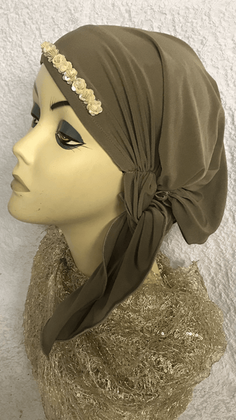 Tie Back Hat To Conceal Hair Tan Sleek and Sexy Hair Wrap - Uptown Girl Headwear