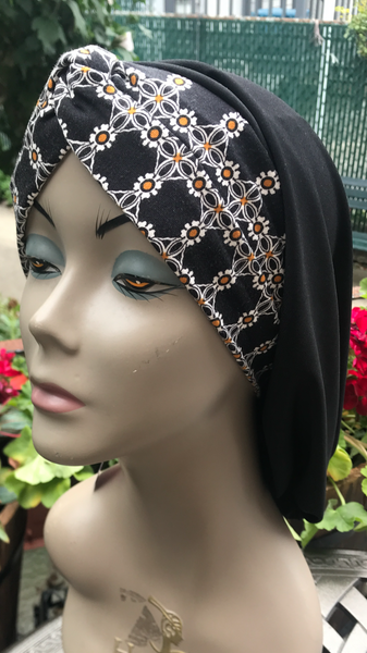 New Black Snood Turban Hijab Colorful Design To Cover & Conceal Hair Made in USA