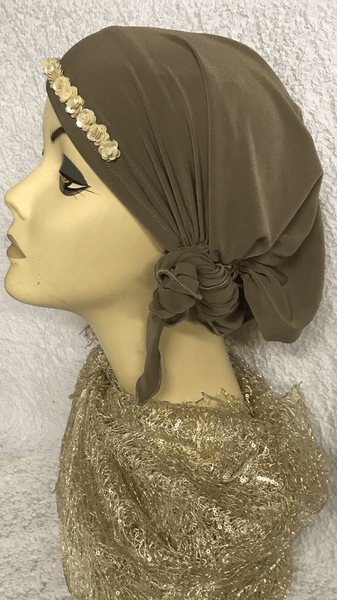 Tie Back Hat To Conceal Hair Tan Sleek and Sexy Hair Wrap - Uptown Girl Headwear