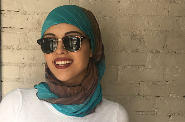 Brown Turquoise Easy Slip On Style Sequined Pre Tied Stunning Head Scarf Hijab Head Wrap For Women - Uptown Girl Headwear