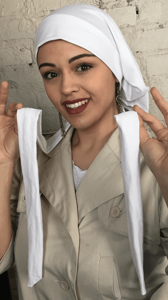 Tie Back White Classic Hair Snood Turban. Cotton & Lace. Made in USA - Uptown Girl Headwear