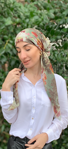 Stunning Floral Flowing Pre Tied Head Scarf | Made in USA by Uptown Girl Headwear | Made in USA