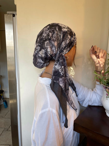Weekend Essential Grey Lace Head Scarf For Jewish Muslim and Christian Women | Tichel For Wedding | Proudly Made in the USA by Uptown Girl Headwear