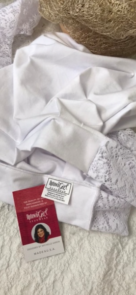 Tie Back White Classic Hair Snood Turban. Lycra & Lace. Made in USA