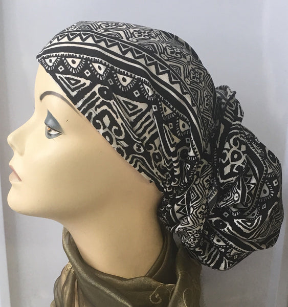 Aztec Pattern Black Pre-Tied Hijab Style Hair Wrap Slip On Head Scarf - Uptown Girl Headwear