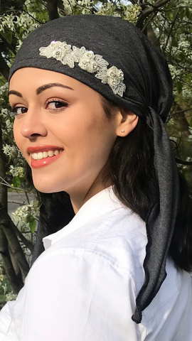 Silver Grey Head Scarf For Women. Quality Stretchy Jersey Knit Fabric. Made in USA