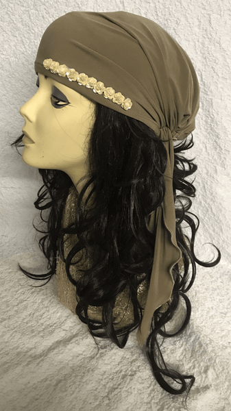 Tie Back Hat To Conceal Hair Tan Sleek and Sexy Hair Wrap - Uptown Girl Headwear