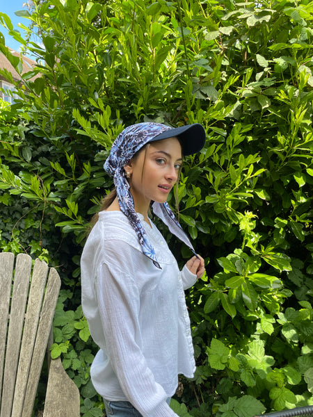 Tie Dye Blue Headwear | Denim Match Sun Visor Hat With Attached Pre Tied Scarf To Help Shade From The Sun